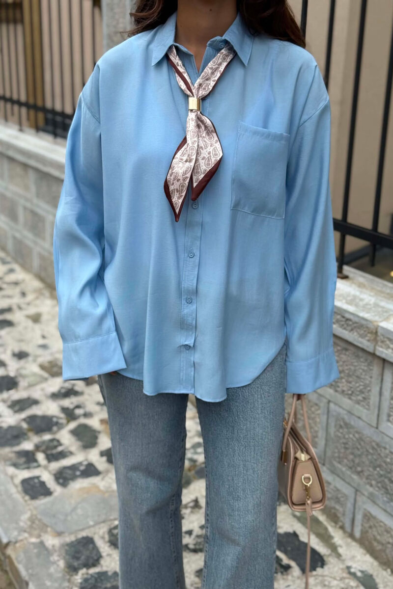 ONE COLOR SCARF DETAIL WOMAN SHIRT LIGHTBLUE/BZ - 11