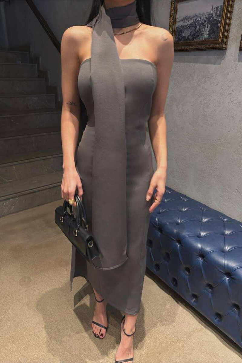 ONE COLOR SCARF DETAIL WOMEN DRESS DARK GREY/GEE - 3