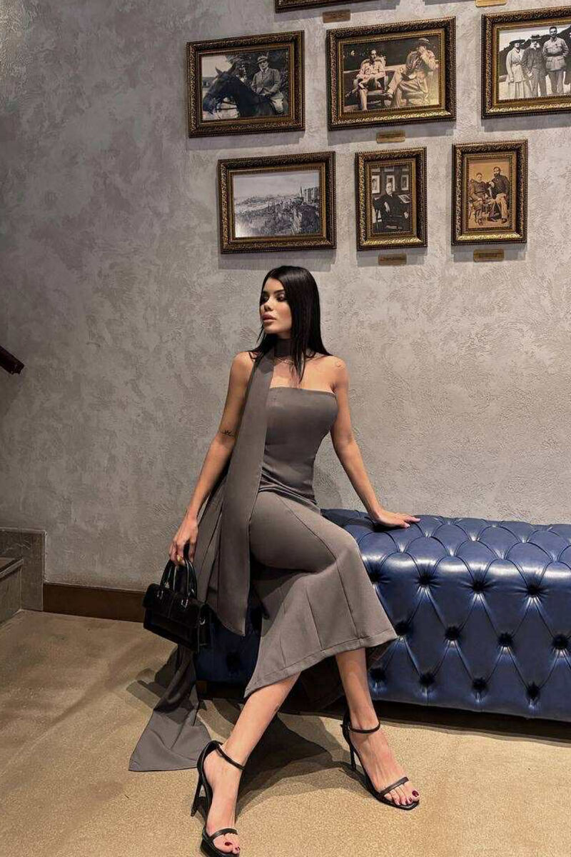 ONE COLOR SCARF DETAIL WOMEN DRESS DARK GREY/GEE - 4