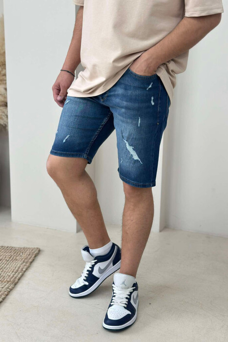 ONE COLOR SCRATCHES MEN SHORT PANTS DARK BLUE/BEE - KLAUDIO FASHION