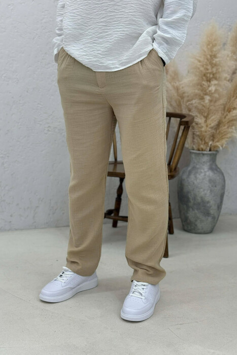 ONE COLOR SEMI ELASTIC WAIST MEN PANTS BEIGE/BEZHE - 