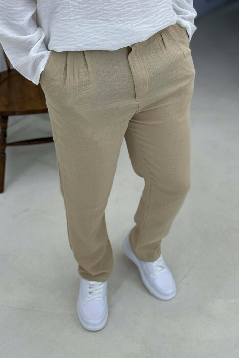 ONE COLOR SEMI ELASTIC WAIST MEN PANTS BEIGE/BEZHE - 3