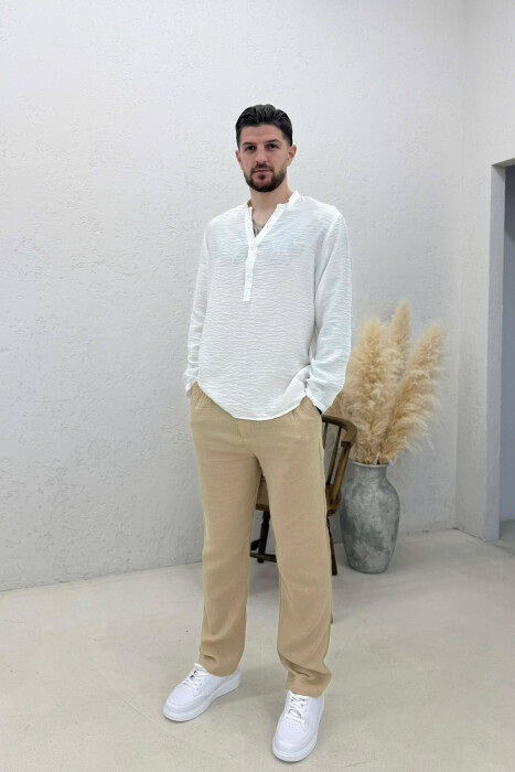 ONE COLOR SEMI ELASTIC WAIST MEN PANTS BEIGE/BEZHE - 4