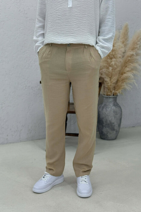 ONE COLOR SEMI ELASTIC WAIST MEN PANTS BEIGE/BEZHE - 5