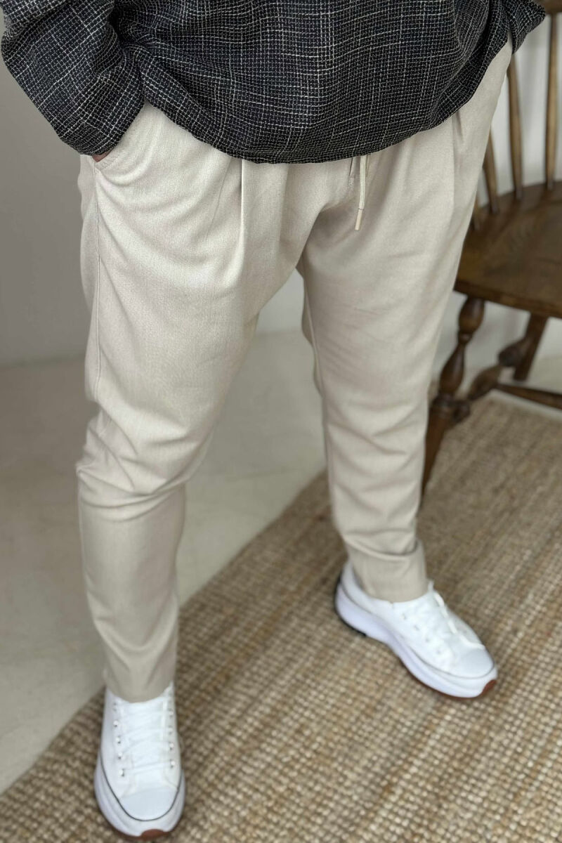 ONE COLOR SEMI ELASTIC WAIST MEN PANTS BEIGE/BEZHE - 2