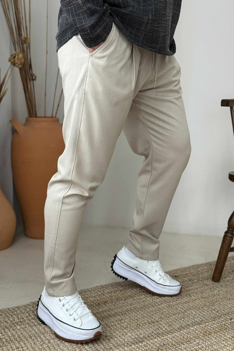 ONE COLOR SEMI ELASTIC WAIST MEN PANTS BEIGE/BEZHE - 3