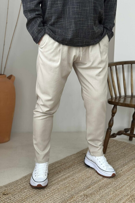ONE COLOR SEMI ELASTIC WAIST MEN PANTS BEIGE/BEZHE - 4