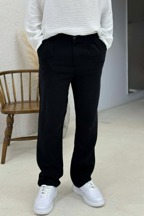 ONE COLOR SEMI ELASTIC WAIST MEN PANTS BLACK/ E ZEZE - 1