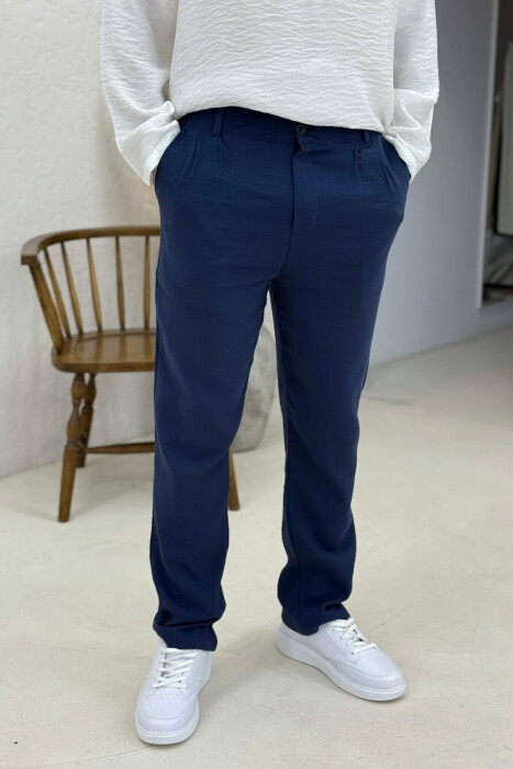 ONE COLOR SEMI ELASTIC WAIST MEN PANTS BLUE/BLU - 4