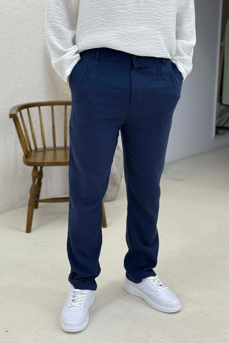 ONE COLOR SEMI ELASTIC WAIST MEN PANTS BLUE/BLU - 4