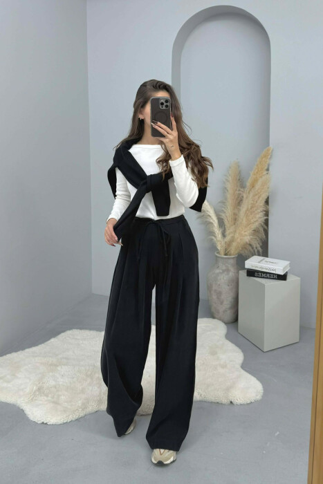ONE COLOR SEMI ELASTIC WAIST WIDE LEG WOMEN TROUSERS BLACK/ E ZEZE 