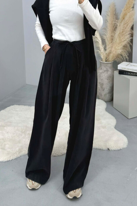 ONE COLOR SEMI ELASTIC WAIST WIDE LEG WOMEN TROUSERS BLACK/ E ZEZE 