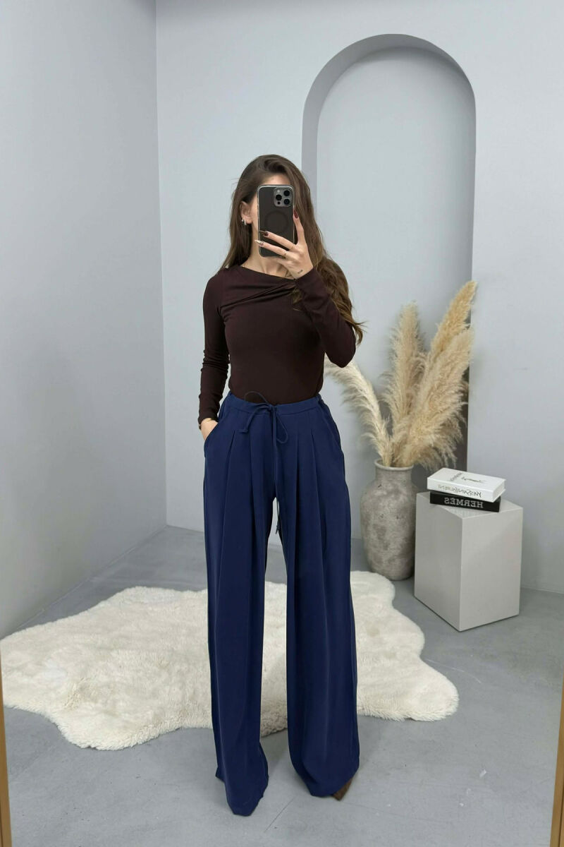 ONE COLOR SEMI ELASTIC WAIST WIDE LEG WOMEN TROUSERS BLUE/BLU - 2