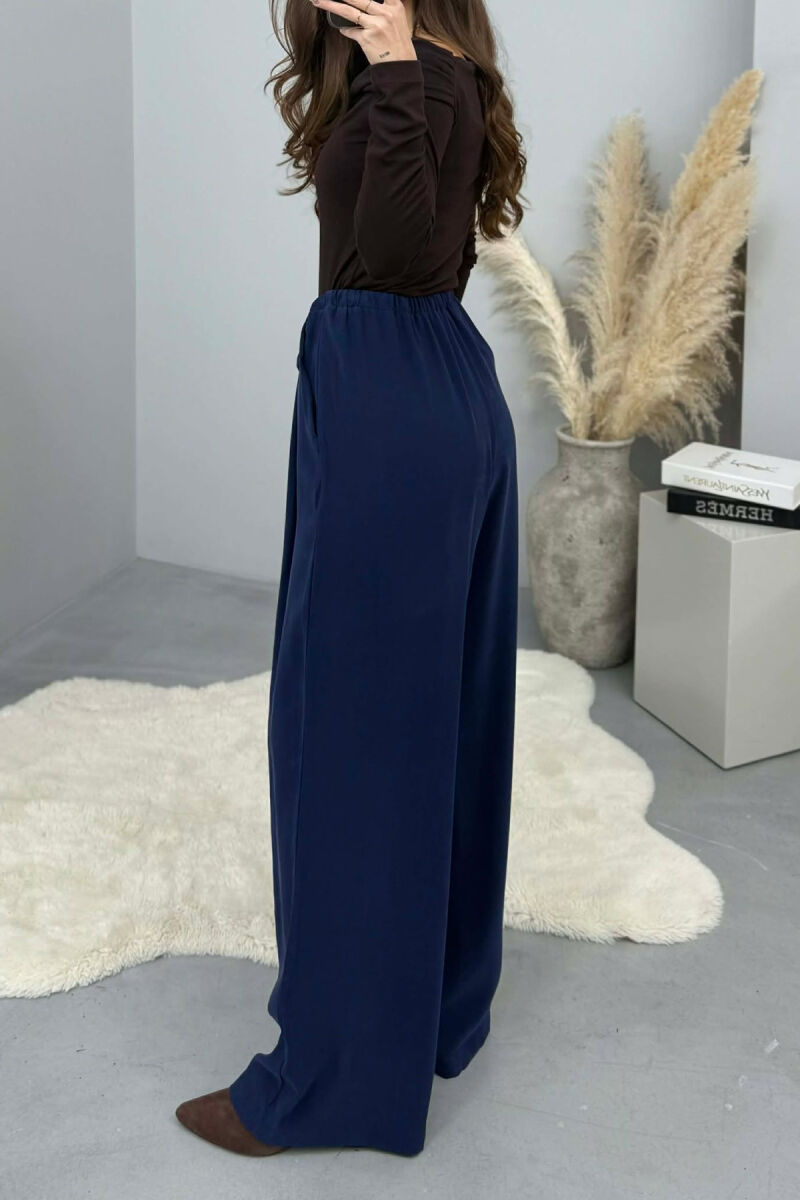 ONE COLOR SEMI ELASTIC WAIST WIDE LEG WOMEN TROUSERS BLUE/BLU - 3