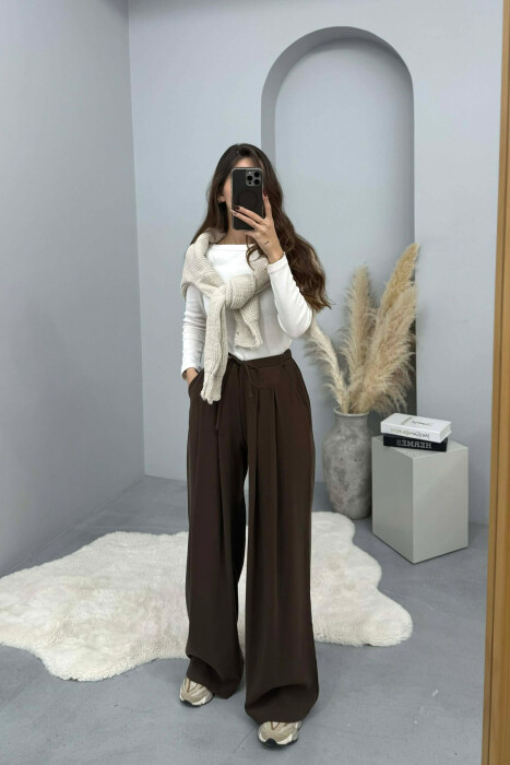 ONE COLOR SEMI ELASTIC WAIST WIDE LEG WOMEN TROUSERS BROWN/KAFE - 2