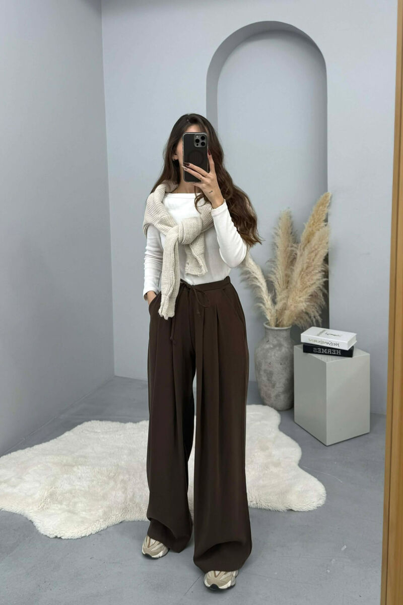 ONE COLOR SEMI ELASTIC WAIST WIDE LEG WOMEN TROUSERS BROWN/KAFE - 2