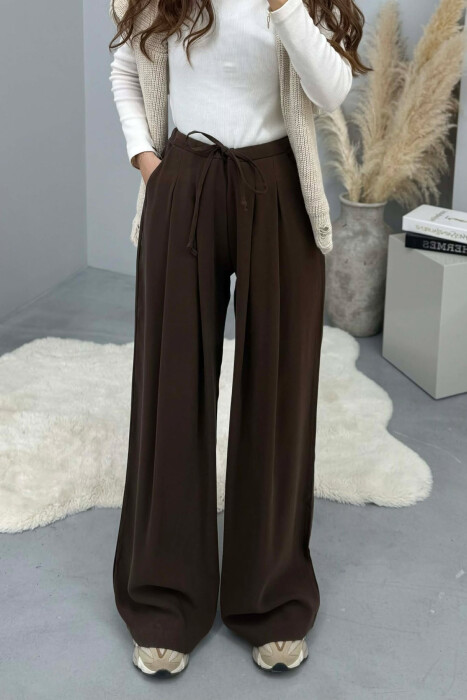 ONE COLOR SEMI ELASTIC WAIST WIDE LEG WOMEN TROUSERS BROWN/KAFE - 4