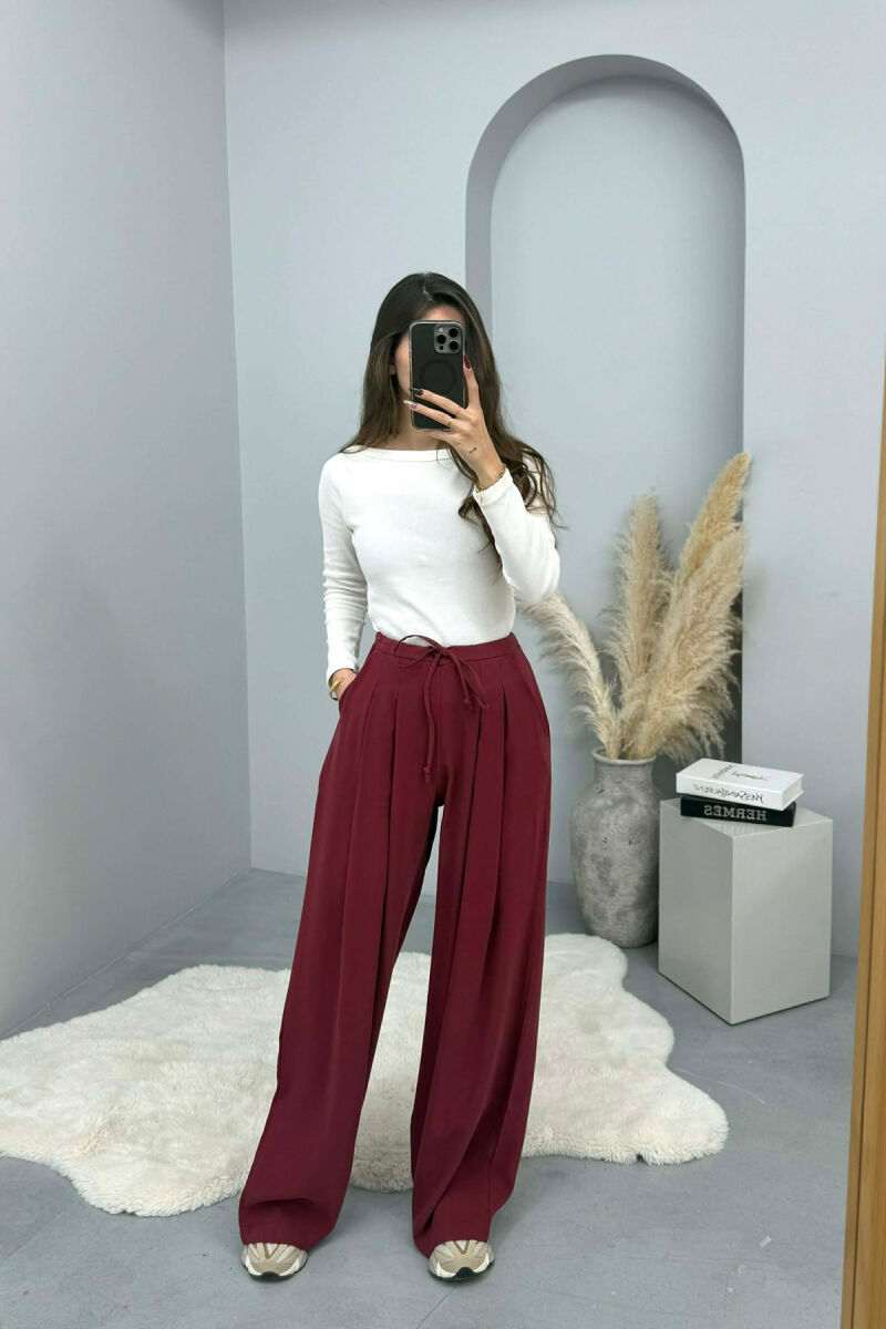 ONE COLOR SEMI ELASTIC WAIST WIDE LEG WOMEN TROUSERS BURGUNDY/VISHNJE - 1