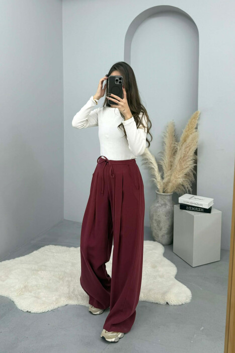 ONE COLOR SEMI ELASTIC WAIST WIDE LEG WOMEN TROUSERS BURGUNDY/VISHNJE - 2