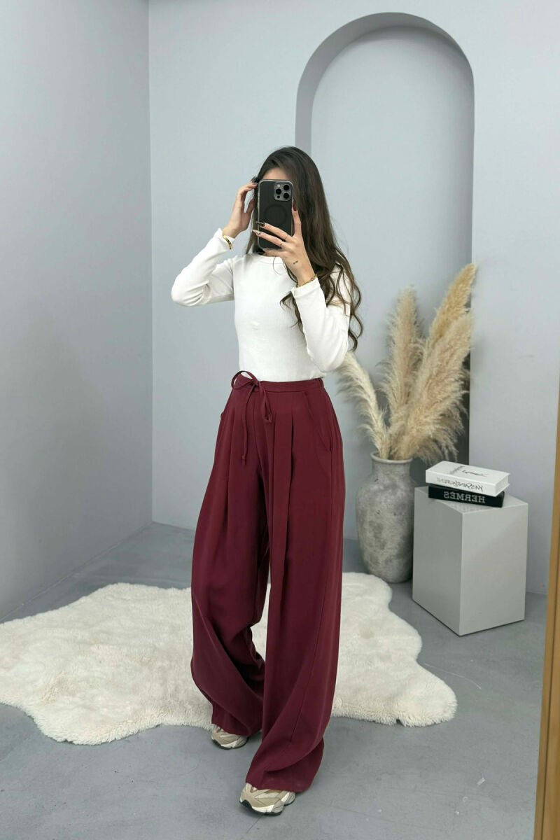 ONE COLOR SEMI ELASTIC WAIST WIDE LEG WOMEN TROUSERS BURGUNDY/VISHNJE - 2