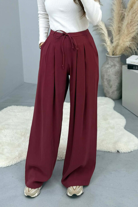 ONE COLOR SEMI ELASTIC WAIST WIDE LEG WOMEN TROUSERS BURGUNDY/VISHNJE - 3