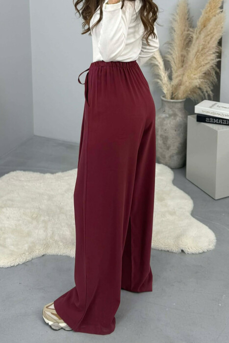 ONE COLOR SEMI ELASTIC WAIST WIDE LEG WOMEN TROUSERS BURGUNDY/VISHNJE - 4