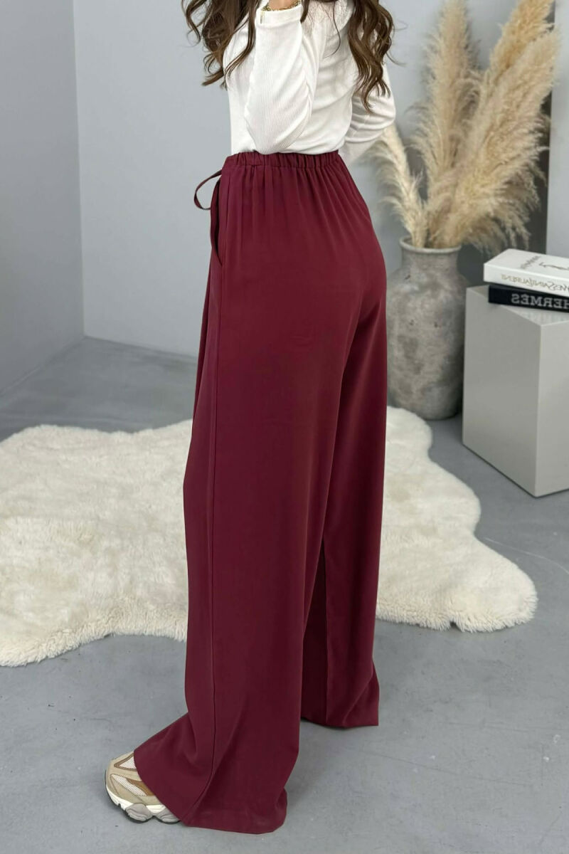 ONE COLOR SEMI ELASTIC WAIST WIDE LEG WOMEN TROUSERS BURGUNDY/VISHNJE - 4