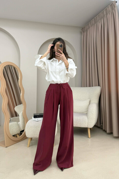 ONE COLOR SEMI ELASTIC WAIST WIDE LEG WOMEN TROUSERS BURGUNDY/VISHNJE - 1