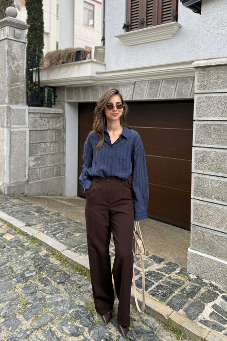 ONE COLOR SEMI ELASTIC WAIST WOMAN TROUSERS BROWN/KAFE - 1