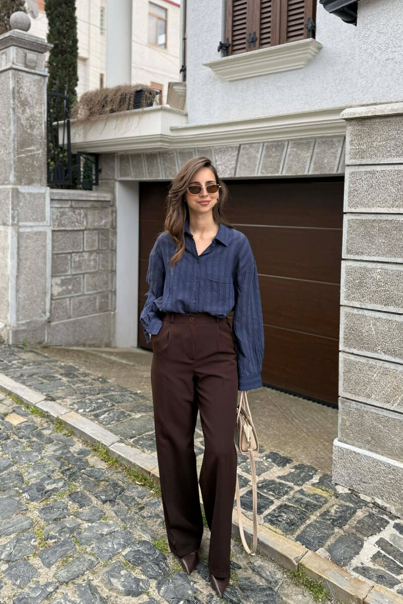 ONE COLOR SEMI ELASTIC WAIST WOMAN TROUSERS BROWN/KAFE - 1