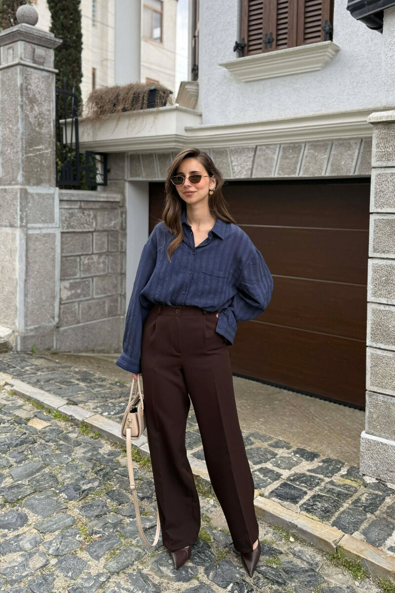 ONE COLOR SEMI ELASTIC WAIST WOMAN TROUSERS BROWN/KAFE - 3