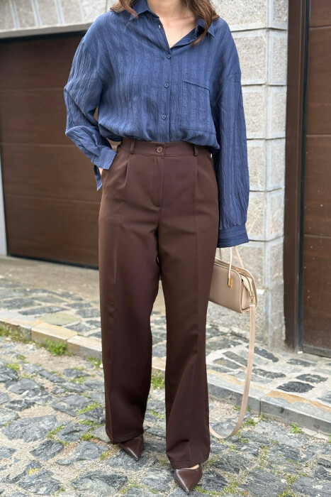 ONE COLOR SEMI ELASTIC WAIST WOMAN TROUSERS BROWN/KAFE - 4