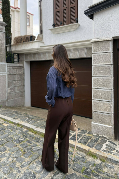 ONE COLOR SEMI ELASTIC WAIST WOMAN TROUSERS BROWN/KAFE - 5