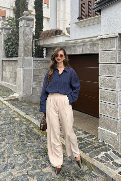 ONE COLOR SEMI ELASTIC WAIST WOMAN TROUSERS CREAM/KREM - KLAUDIO FASHION