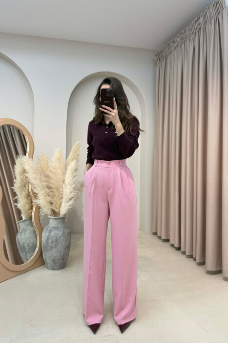 ONE COLOR SEMI ELASTIC WAIST WOMEN TROUSERS BABY PINK/ROZB - KLAUDIO FASHION