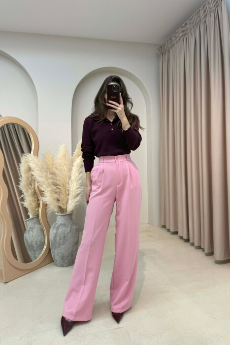 ONE COLOR SEMI ELASTIC WAIST WOMEN TROUSERS BABY PINK/ROZB - 2