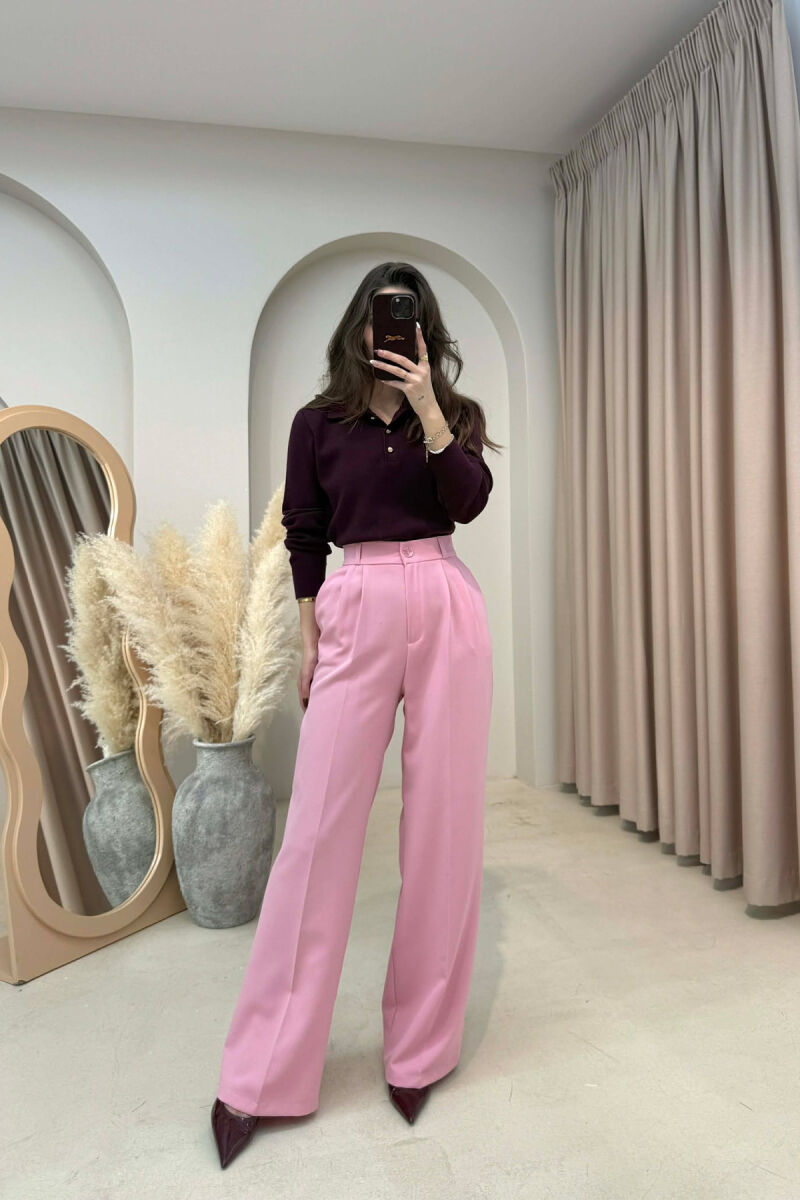 ONE COLOR SEMI ELASTIC WAIST WOMEN TROUSERS BABY PINK/ROZB - 2