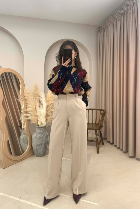 ONE COLOR SEMI ELASTIC WAIST WOMEN TROUSERS BEIGE/BEZHE - 1