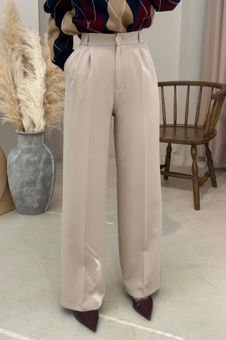 ONE COLOR SEMI ELASTIC WAIST WOMEN TROUSERS BEIGE/BEZHE - 3