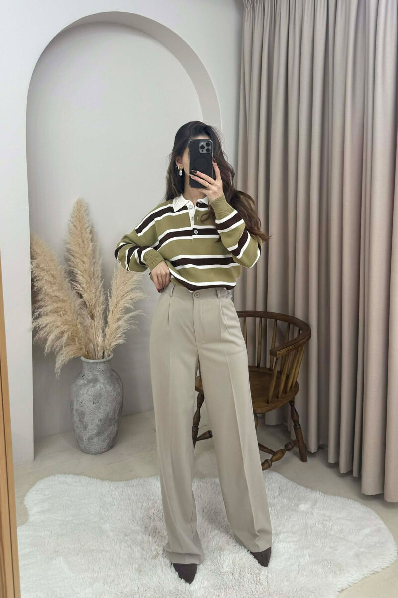 ONE COLOR SEMI ELASTIC WAIST WOMEN TROUSERS BEIGE/BEZHE - 2