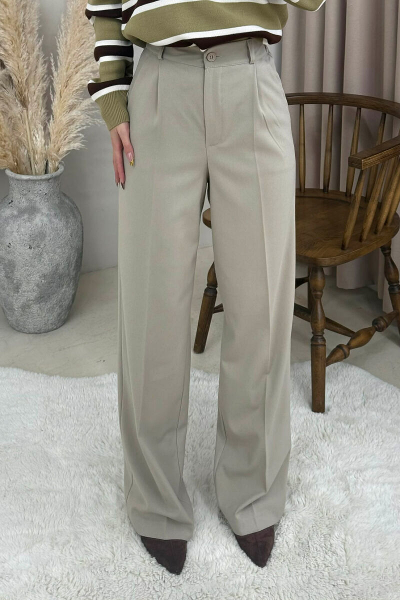 ONE COLOR SEMI ELASTIC WAIST WOMEN TROUSERS BEIGE/BEZHE - 1