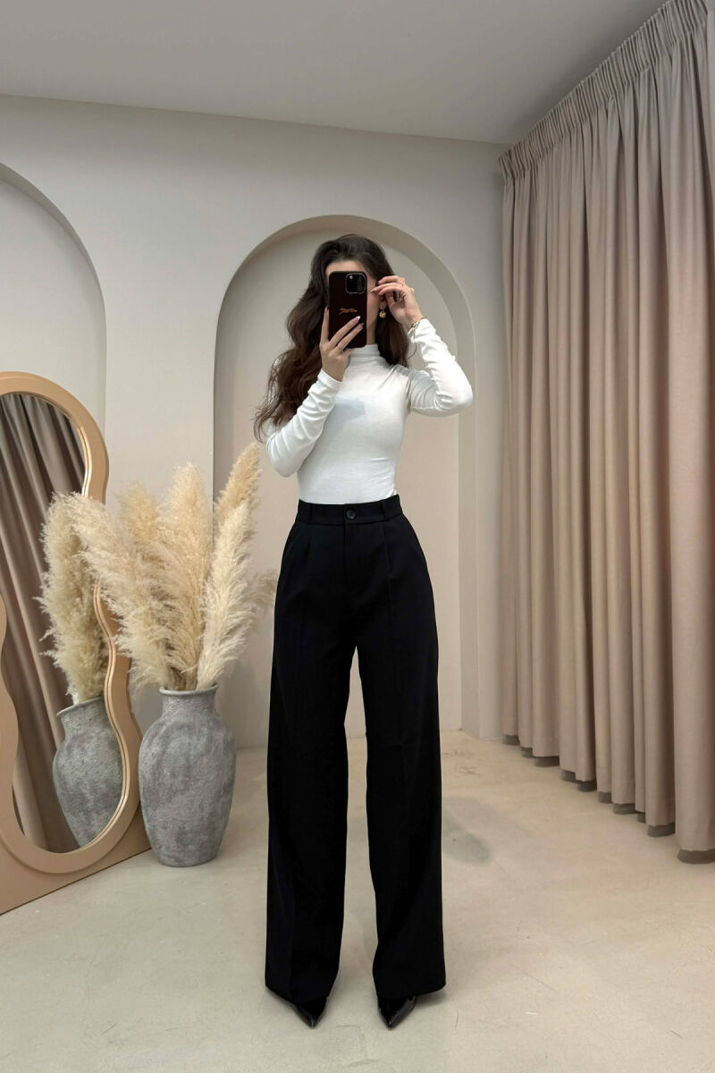 ONE COLOR SEMI ELASTIC WAIST WOMEN TROUSERS BLACK-BLACK/ZZ - 1