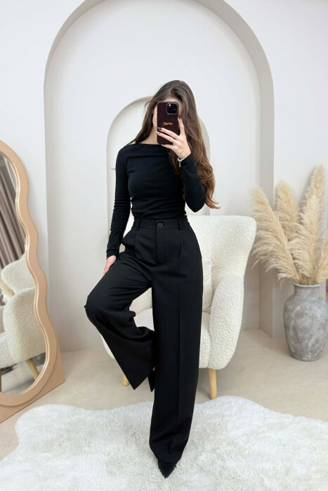 ONE COLOR SEMI ELASTIC WAIST WOMEN TROUSERS BLACK/ E ZEZE - 4