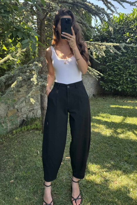 ONE COLOR SEMI ELASTIC WAIST WOMEN TROUSERS BLACK/ E ZEZE 