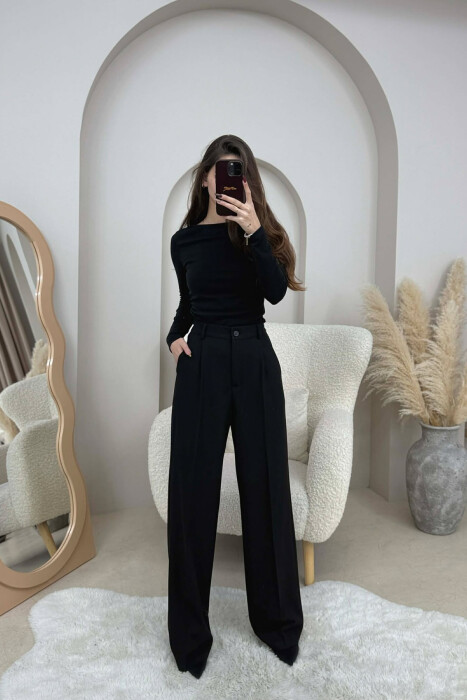 PANTALLONA NJË NGJYRËSHE ME BEL GJYSËM ELASTIK PËR FEMRA NË NGJYRË TE ZEZE - KLAUDIO FASHION