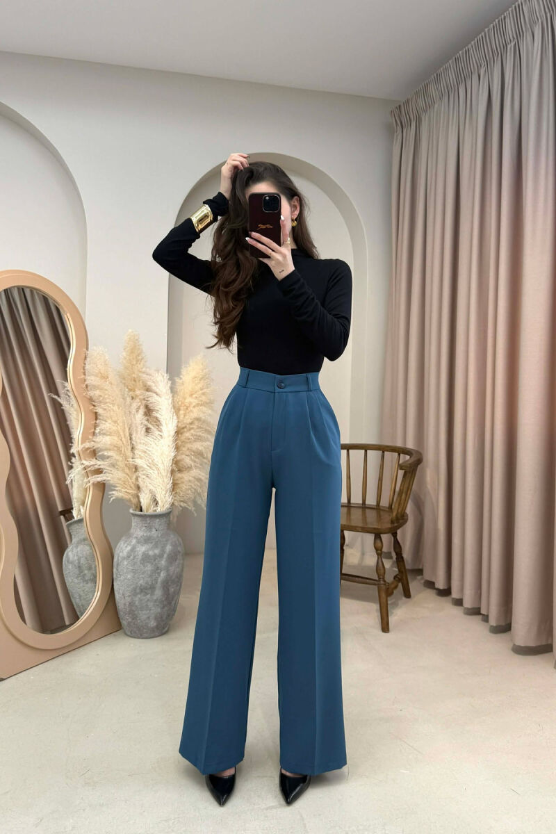 ONE COLOR SEMI ELASTIC WAIST WOMEN TROUSERS BLUE STONE/GK - 1