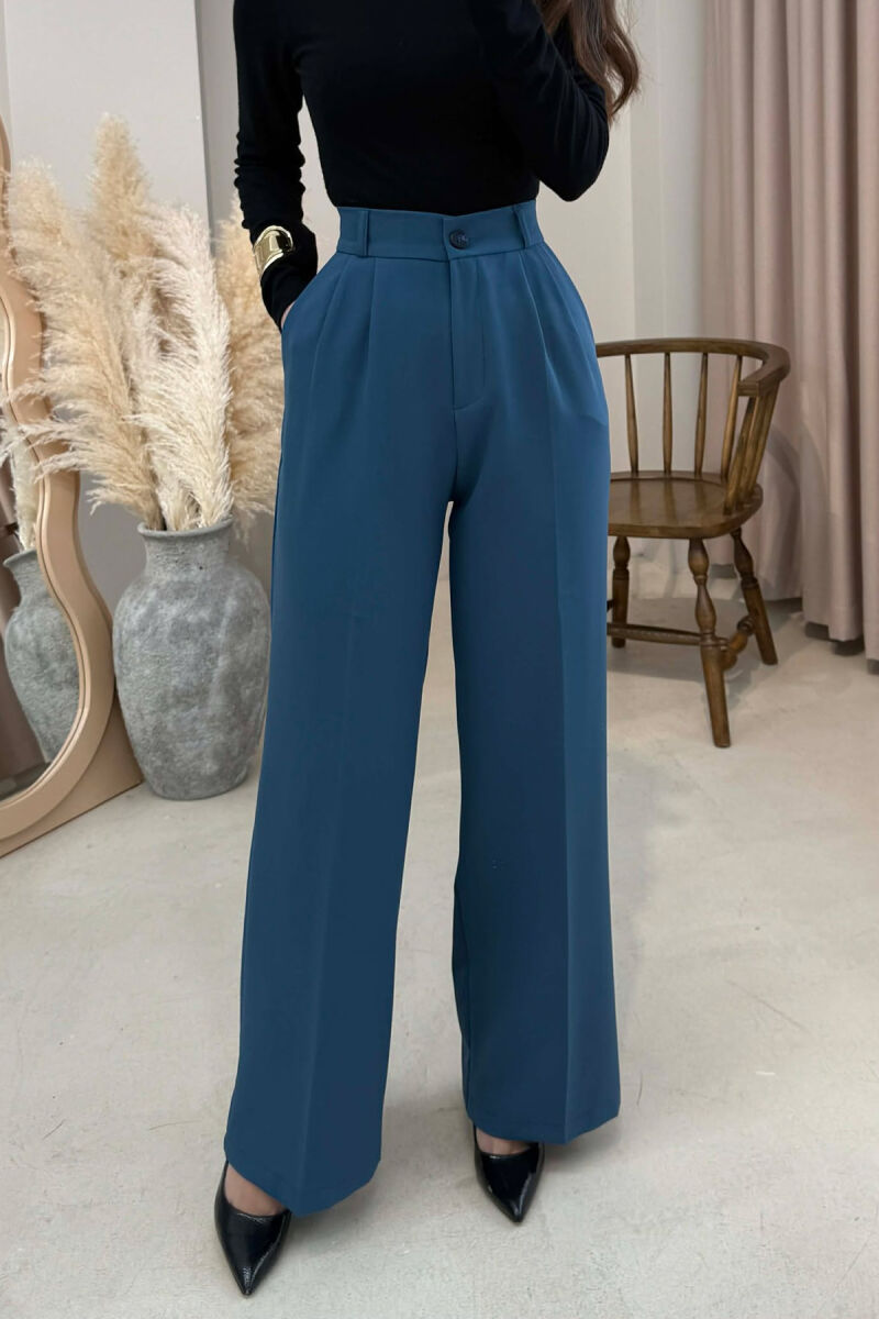 ONE COLOR SEMI ELASTIC WAIST WOMEN TROUSERS BLUE STONE/GK - 3