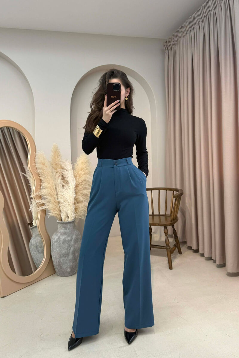 ONE COLOR SEMI ELASTIC WAIST WOMEN TROUSERS BLUE STONE/GK - 4