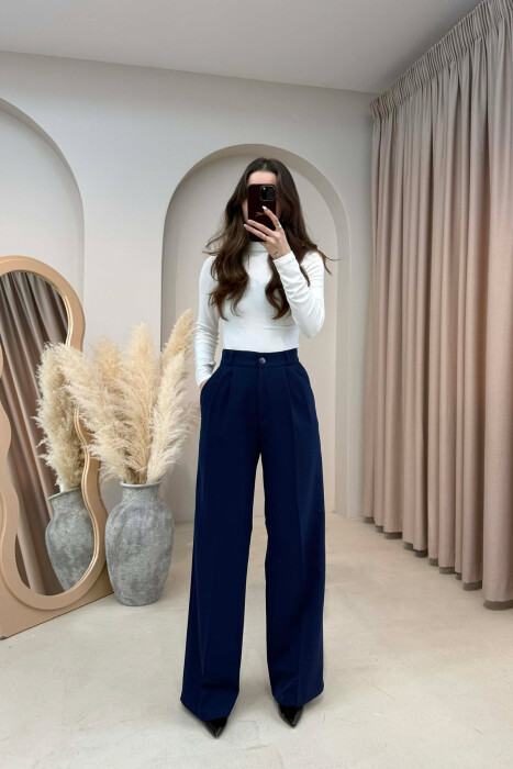 ONE COLOR SEMI ELASTIC WAIST WOMEN TROUSERS BLUE/BLU 