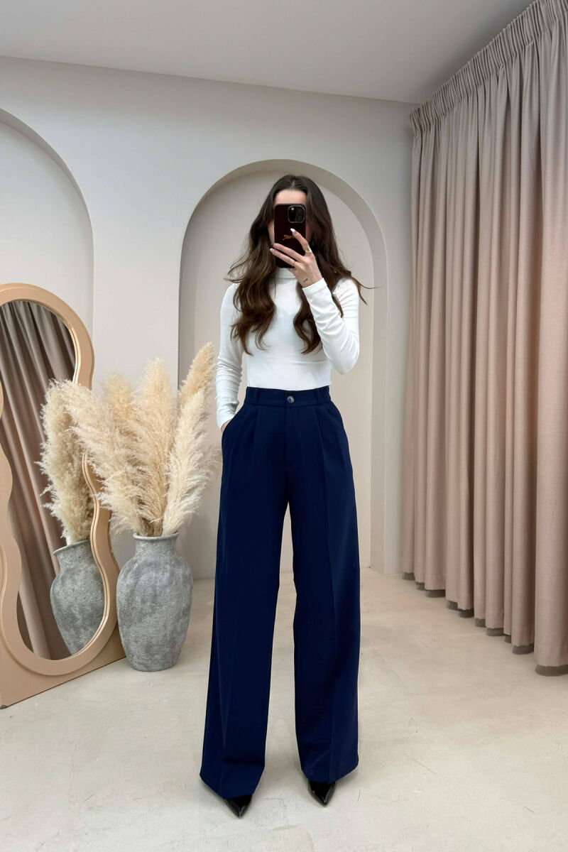 ONE COLOR SEMI ELASTIC WAIST WOMEN TROUSERS BLUE/BLU - 1